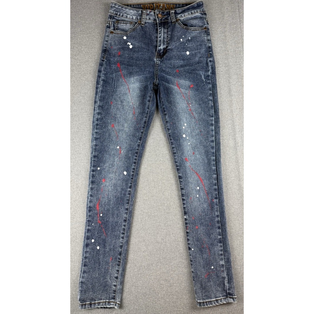 VIP Jeans 36x30 Paint Splatter Skinny Jeans Blue Stretch Streetwear Men's